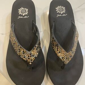 Yellow Box Black Wedge Flip-Flops with Rhinestones